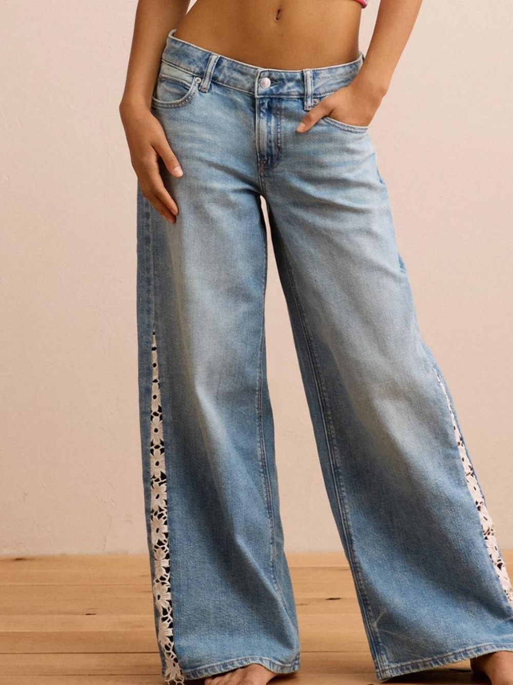 American Eagle Outfitters Light Blue Wide-Leg Jeans with White Lace Inset